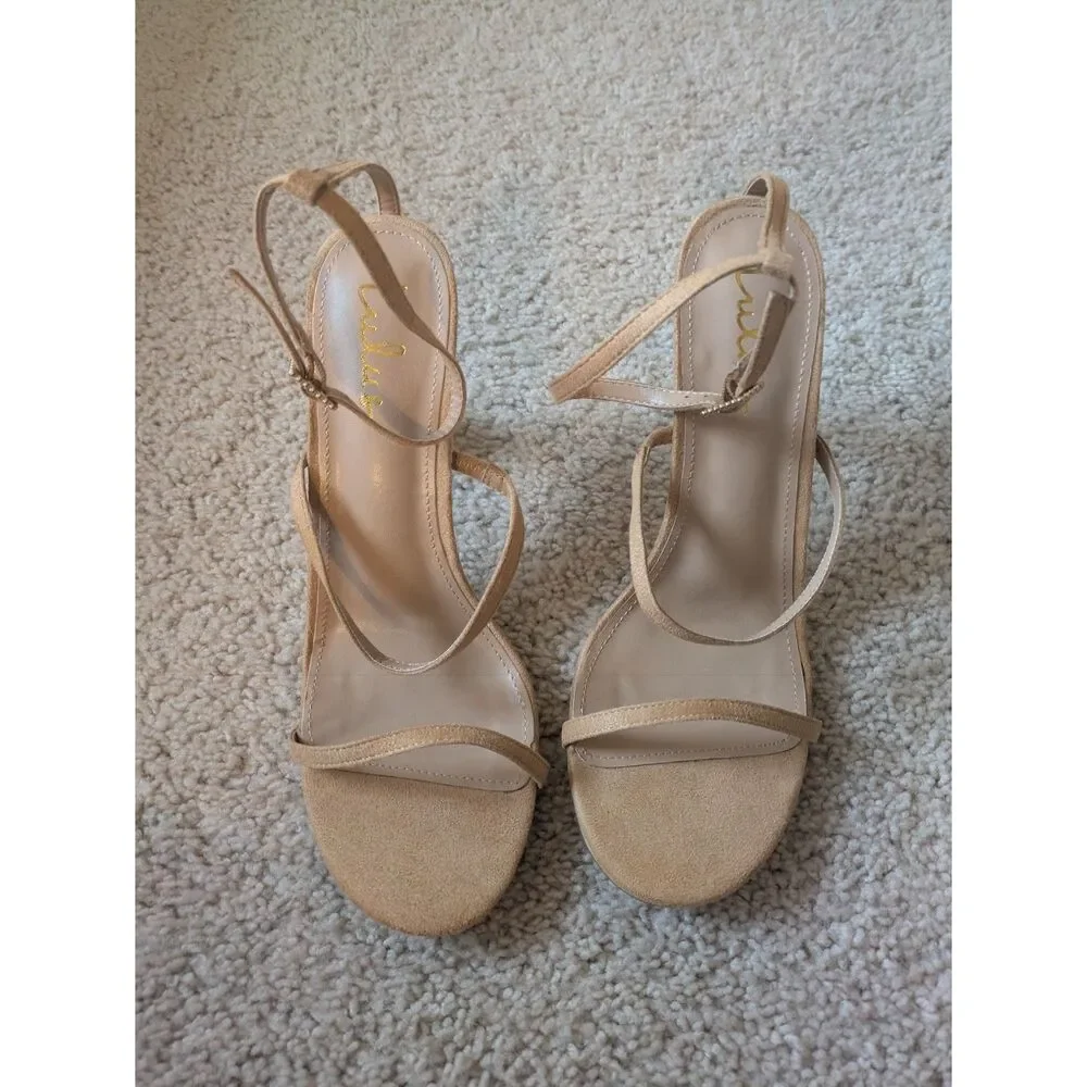 NWOT Lulus Linnett Tan Strappy Statement Bubble Pearl Heel Sandals Sz 10